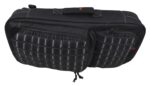 A black laptop bag is positioned horizontally featuring two zippered compartments with a grid-like design the bag is designed for portable storage and transport in various environments.