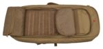 A tan tactical bag lies open displaying various compartments and elastic loops for securing items showcasing its organizational features suitable for outdoor or military use in practical settings
