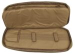 A tan fabric bag is unzipped and opened wide revealing empty compartments and straps for securing items inside it providing organized storage for carrying gear or equipment.
