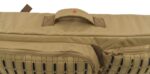 A tan tactical bag with a handle is displayed resting on a flat surface the bag features multiple zippered compartments and a patterned design on the front for utility.