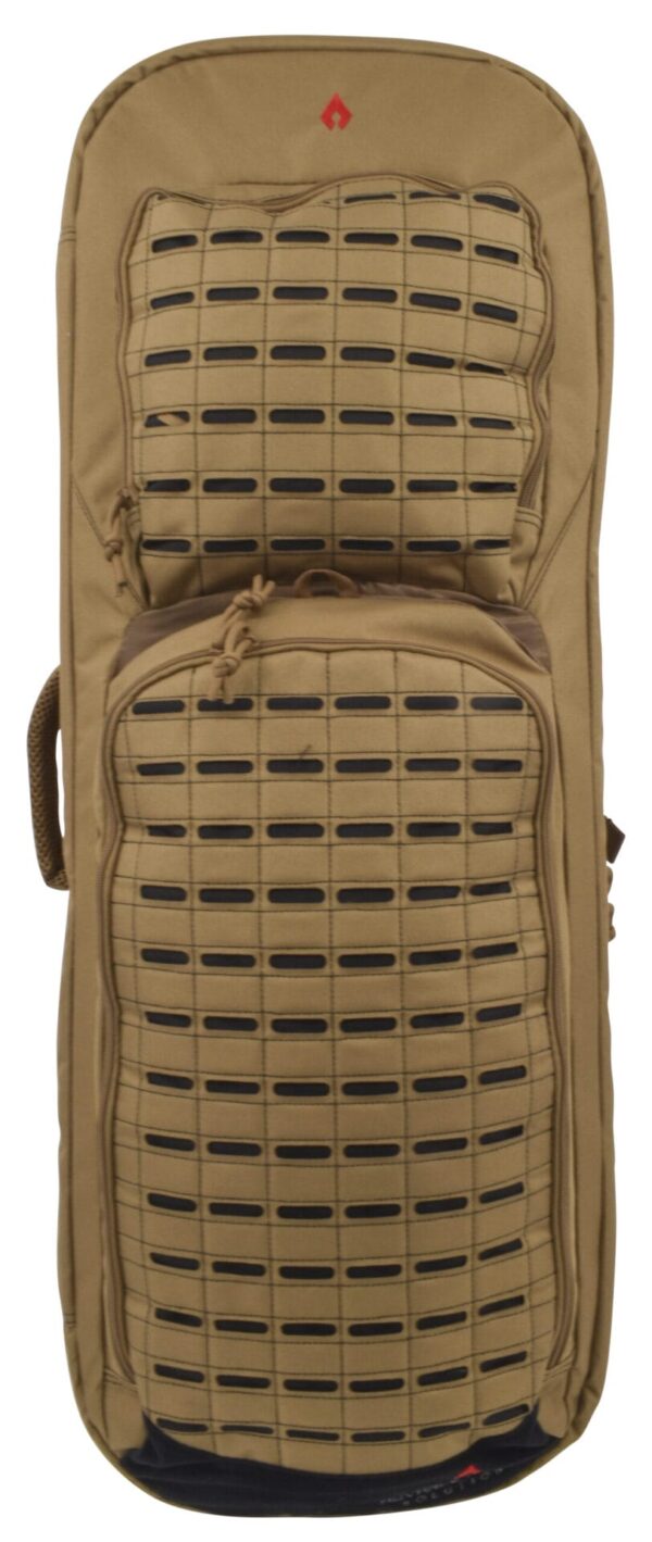 A tan backpack with a textured surface featuring horizontal and vertical cutouts is positioned upright it contains multiple compartments and adjustable straps for carrying or storing items.