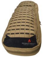 A tan tactical backpack features a grid pattern design with black accents and a logo. It is lying flat on a surface  showcasing its zippered compartment and padded structure.