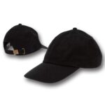 A black baseball cap rests on a flat surface showcasing its curved visor and fabric texture while positioned to reveal the adjustable strap at the back in a simple white background.