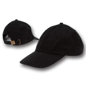 A black baseball cap rests on a flat surface showcasing its curved visor and fabric texture while positioned to reveal the adjustable strap at the back in a simple white background.