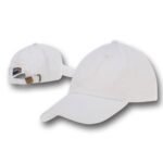 A white baseball cap rests at an angle showcasing its front and side views demonstrating a relaxed style suitable for casual wear in outdoor settings.