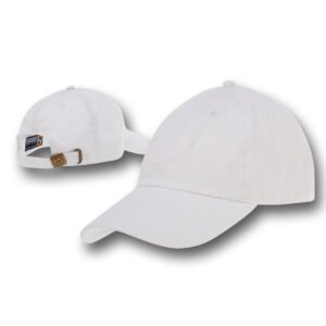 A white baseball cap rests at an angle showcasing its front and side views demonstrating a relaxed style suitable for casual wear in outdoor settings.