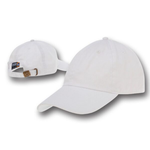 A white baseball cap rests at an angle showcasing its front and side views demonstrating a relaxed style suitable for casual wear in outdoor settings.