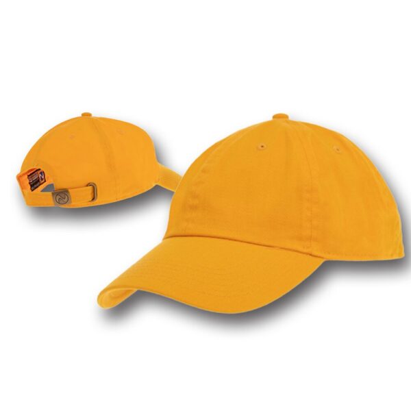 A bright yellow baseball cap rests facing forward with its brim extended alongside a slightly turned view showing the back strap and tag this cap is displayed against a plain background.