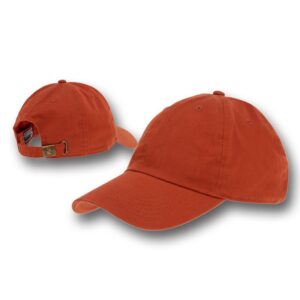A sturdy orange cap with a curved brim rests on a flat surface showcasing its textured fabric and adjustable strap on the back highlighting a casual style suitable for outdoor wear.
