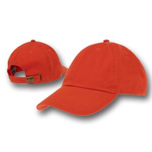 A bright orange baseball cap is displayed showing both the front and back views with an adjustable strap visible the context is minimal as it is set against a plain background