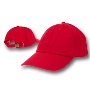 A bright red baseball cap is positioned at an angle displaying its curved brim and adjustable strap at the back set against a white background.
