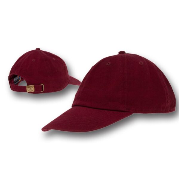A burgundy baseball cap with a curved visor is displayed from multiple angles against a plain white background highlighting its corduroy texture and an adjustable strap at the back.