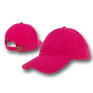 Bright pink cap with a curved visor is displayed at two angles showcasing its fabric texture and adjustable strap at the back against a plain white background.
