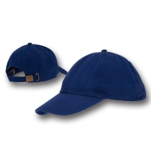 A dark blue baseball cap sits facing forward and slightly to the left showing a curved brim and an adjustable strap at the back which has a metal buckle for fitting.