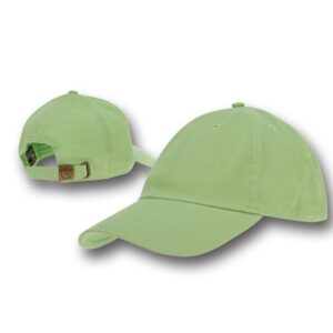 A light green baseball cap is shown from multiple angles highlighting its curved brim and adjustable strap on the back in a simple white background setting.
