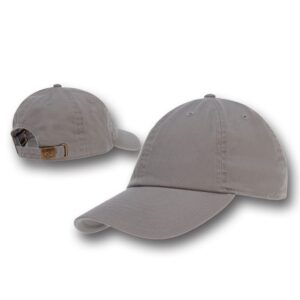 A gray baseball cap sits with its brim extended forward showcasing its fabric texture and adjustable strap at the back in a neutral background setting.