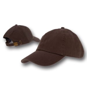 A brown baseball cap is displayed at different angles showcasing its rounded top and curved brim set against a plain light background emphasizing the cap's texture and design features.