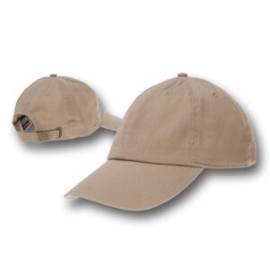 A beige baseball cap is positioned upright and slightly turned showing the front and back views with a curved brim and fabric strap for adjustment on the back.