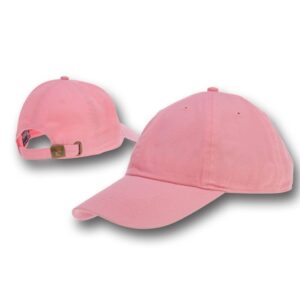 A pink cap is displayed prominently from two angles showcasing its soft fabric and curved brim while situated against a plain white background highlighting its color and design.