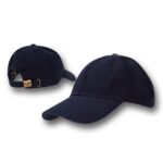 A dark navy baseball cap is displayed with its front and back sides visible showcasing the curved brim and an adjustable strap at the back in a simple white background.