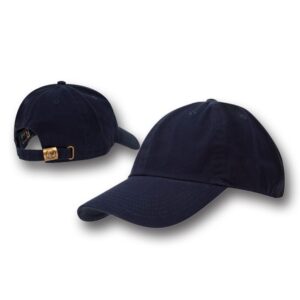 A dark navy baseball cap is displayed with its front and back sides visible showcasing the curved brim and an adjustable strap at the back in a simple white background.