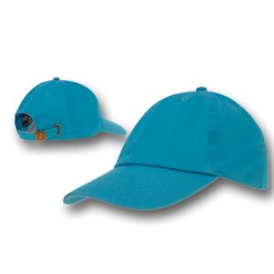 A bright turquoise baseball cap is displayed prominently at an angle showcasing both the front and back features while situated against a plain white background.