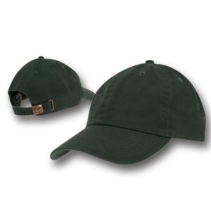 A dark green baseball cap is displayed from two angles with a curved brim and a rear adjustment strap showing its casual style set against a plain white background.