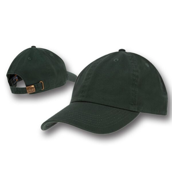 A dark green baseball cap is displayed from two angles with a curved brim and a rear adjustment strap showing its casual style set against a plain white background.