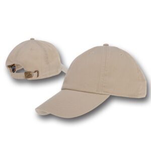 A beige baseball cap features a rounded crown and a curved visor it has an adjustable strap at the back and is displayed against a plain background