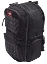 A black backpack features multiple compartments and zippers with a grid pattern on one side and a logo patch on the front  designed for organization and portability.