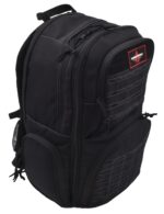 A black backpack with multiple compartments and zippers stands upright displaying a textured surface and straps while set against a neutral background suggesting practicality and readiness for carrying items.