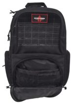A black backpack with multiple zippered compartments is partially open revealing inner pockets designed for organization and storage in a tactical style suitable for practical use. The front features a label reading ADVANCE WARRIOR SOLUTIONS.