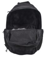 A black backpack is open displaying its interior compartments which are empty indicating it is ready for use in a school or travel context.