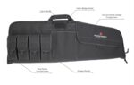 A black tactical bag features a carry handle and multiple storage compartments for tools and ammunition alongside magnetic holder compartments and a storage pocket labeled for organization