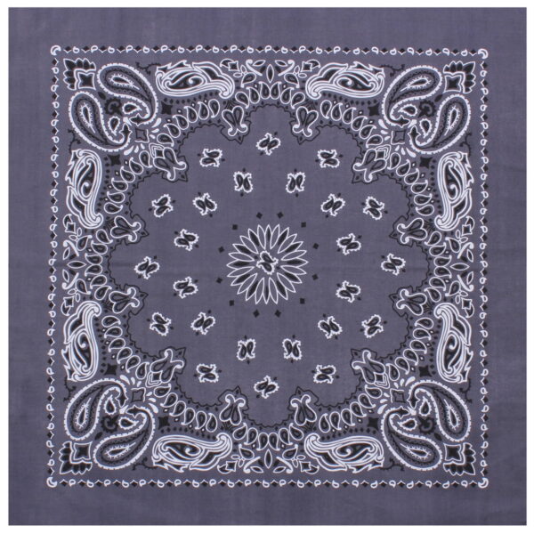 A dark gray bandana features intricate white paisley and floral patterns arranged in a symmetrical design across the fabric creating a decorative textile.