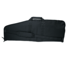 A black padded case designed for carrying items features a central handle and adjustable strap for easy transport lightweight and protective format suitable for travel or storage purposes.