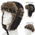 Trapper Hat Patterns - Faux Fur - Wool Blend - Dark Brown Plaid, 1 piece