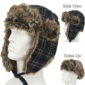 Trapper Hat Patterns - Faux Fur - Wool Blend - Black and Grey Plaid, 1 piece