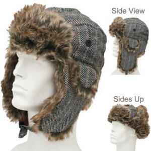 Trapper Hat Patterns - Faux Fur - Wool Blend - Cream and Dark Brown Striped Herringbone, 1 piece