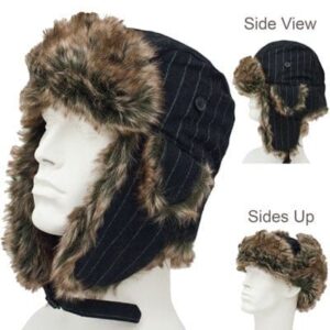 Trapper Hat Patterns - Faux Fur - Wool Blend - Black Pinstripe, 1 piece