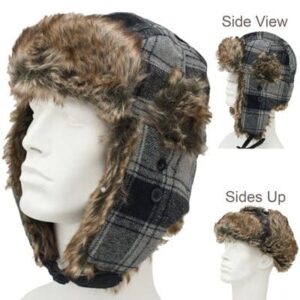 Trapper Hat Patterns - Faux Fur - Wool Blend - Grey and Black Plaid, 1 piece