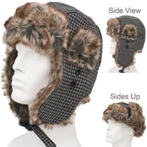 Trapper Hat Patterns - Faux Fur - Wool Blend - Grey and Black Houndstooth, 1 piece