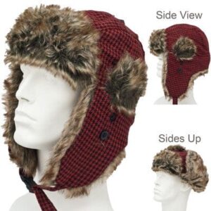 Trapper Hat Patterns - Faux Fur - Wool Blend - Red and Black Houndstooth, 1 piece
