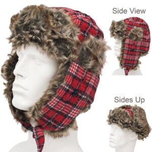 Trapper Hat Patterns - Faux Fur - Wool Blend - Red Plaid, 72pcs - Case