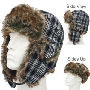 Trapper Hat Patterns - Faux Fur - Wool Blend - Black Plaid, 1 piece