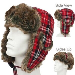 Trapper Hat Patterns - Faux Fur - Wool Blend - Red and Black Plaid, 1 piece