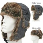 Trapper Hat Patterns - Faux Fur - Wool Blend - Black and Light Grey Herringbone, 12 pieces
