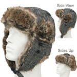 Trapper Hat Patterns - Faux Fur - Wool Blend - Dark Grey Plaid Tweed, 72pcs - Case