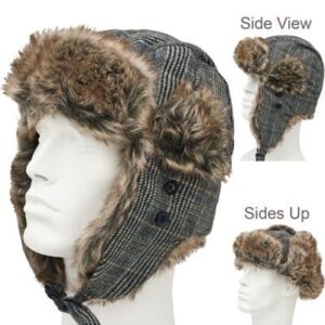 Trapper Hat Patterns - Faux Fur - Wool Blend - Dark Grey Plaid Tweed, 1 piece