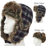 Trapper Hat Patterns - Faux Fur - Wool Blend - Black and Grey Plaid 2, 1 piece